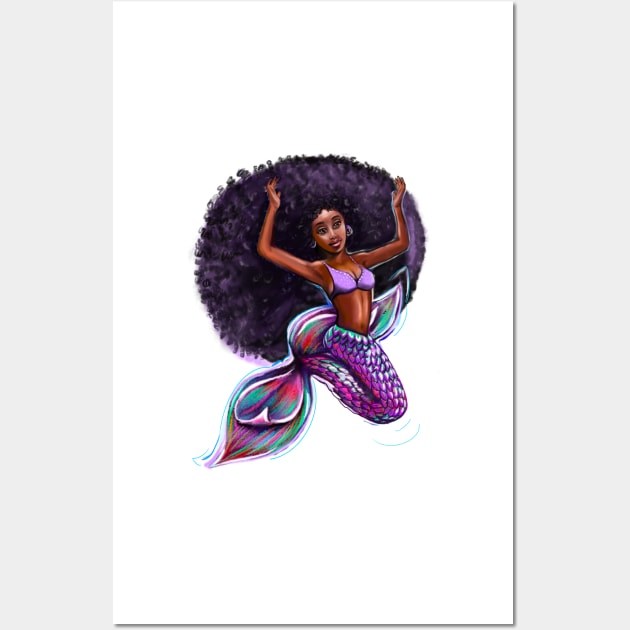mermaid with big Afro underwater, brown eyes curly Afro hair and caramel brown skin. Black mermaid Wall Art by Artonmytee
